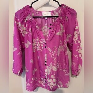 Yumi Kim Pink Butterfly 3/4 Sleeve Smocked Neck Button Blouse XS NWOT
